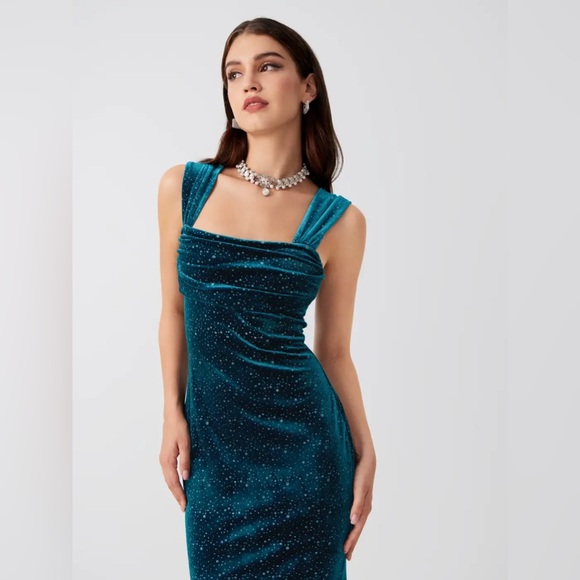 Cider NWOT VELVET OFF-SHOULDER STAR RUCHED MAXI DRESS XL - Picture 3 of 11